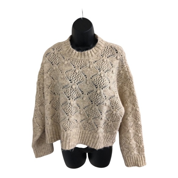 Tan crewneck knotted heirloom farmhouse style fuzzy crochet knit sweater size L - Picture 8 of 17